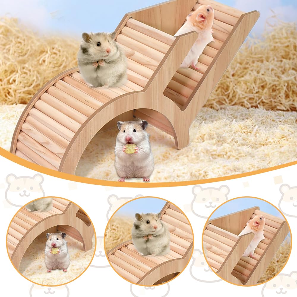 Casa para Hamster de Madera Natural Multicámara, Casa de Madera Puente Hamster, Juguete de Madera 34.5x10x15 cm para Enriquecimiento Ambiental de Hámsters, Ratones, Chinchillas y Jerbos