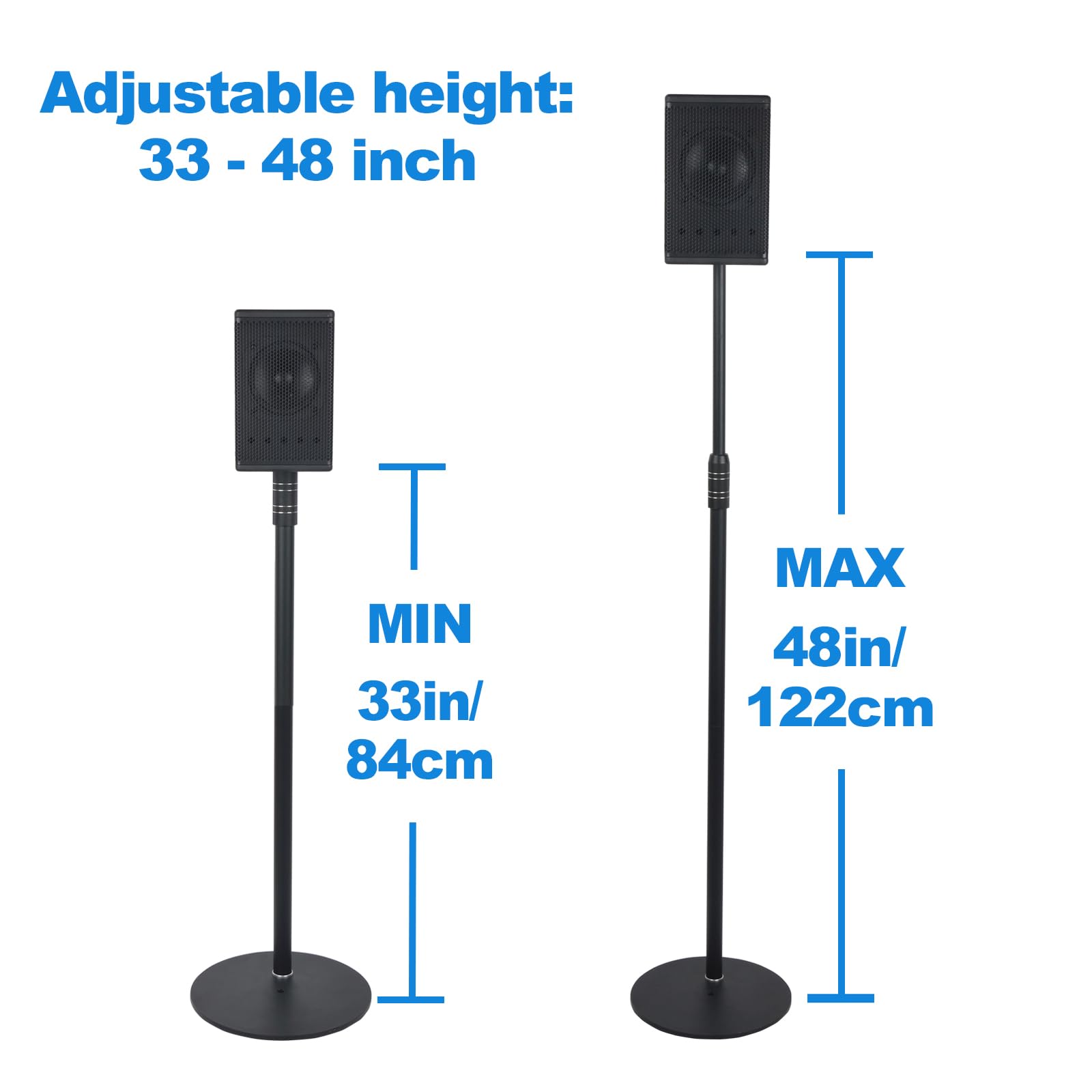 Soportes para Altavoces, soporta Altavoces satélite y Otros Altavoces pequeños, Altura Ajustable de 33« a 48», soporta hasta 6 Libras, HD-718, 2 Paquetes (Negro)