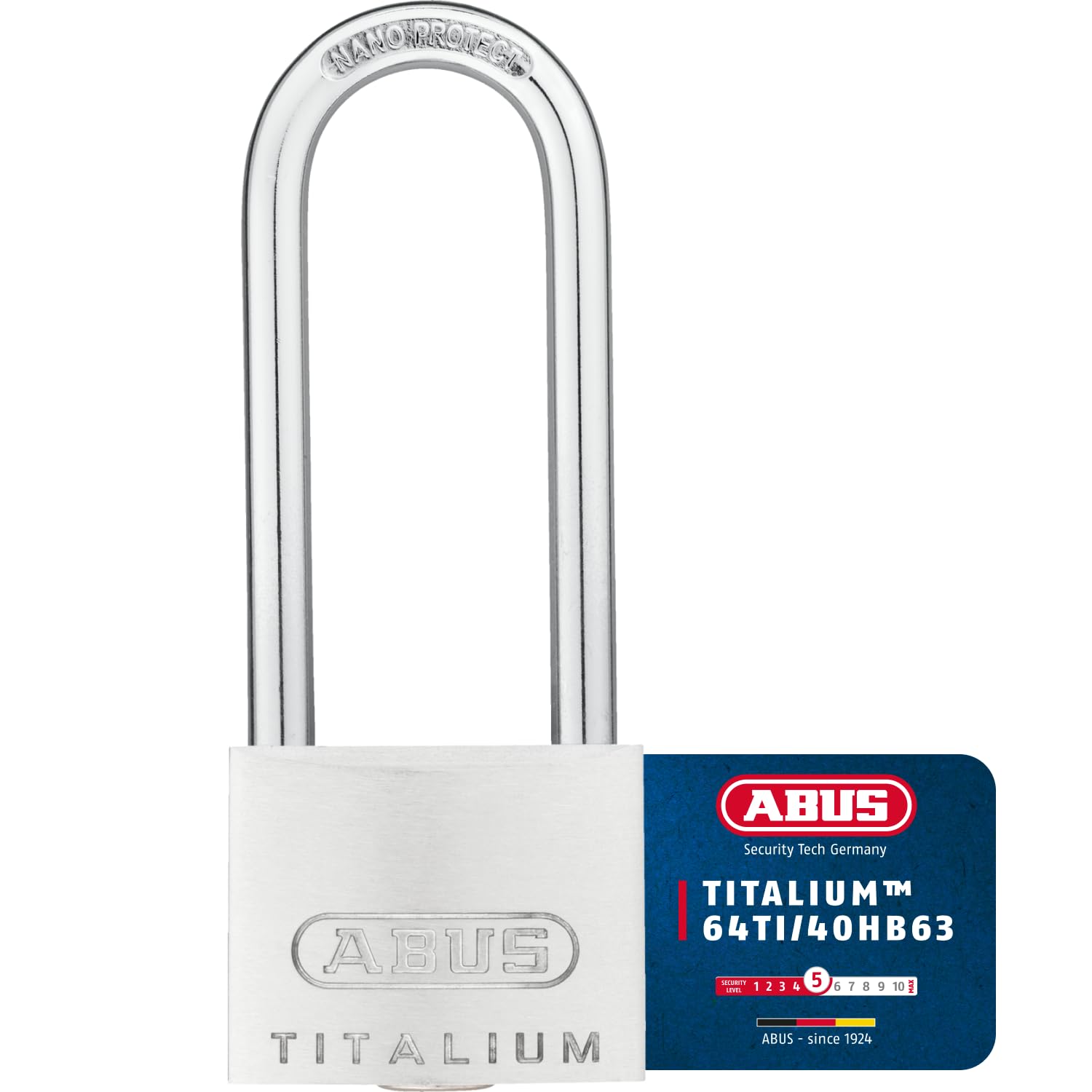 ABUS 54582 64TI/40mm TITALIUM™ Padlock 63mm Long Shackle Keyed Ali...