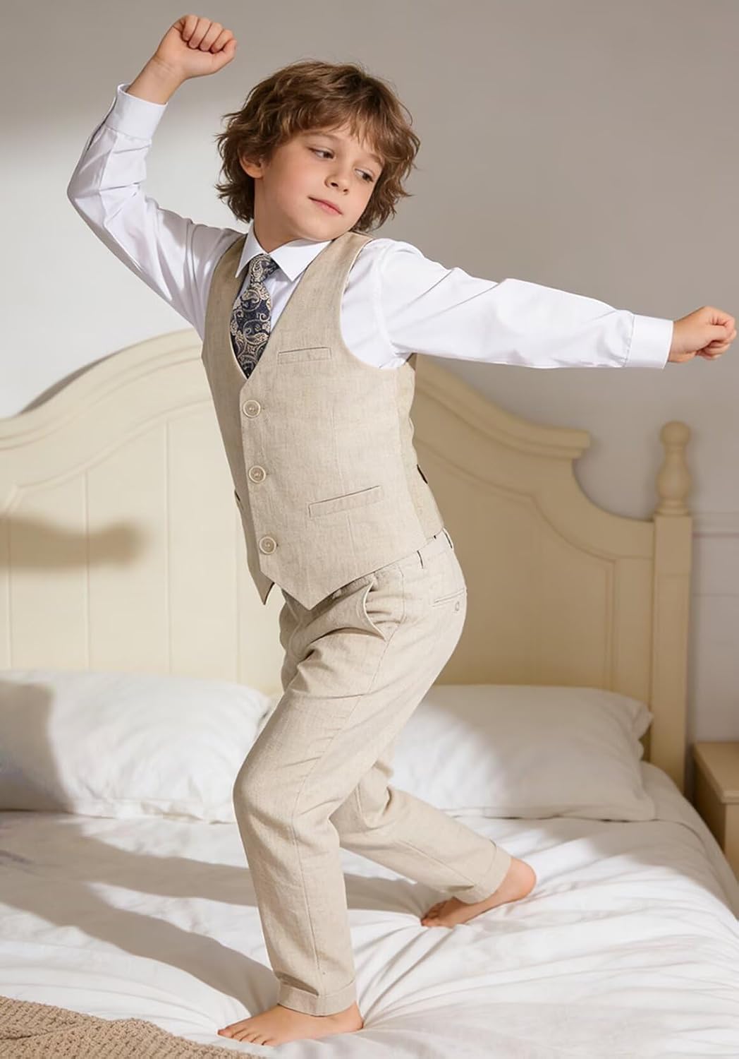 Boys Linen Suit 5 Piece Dress Tuxedo Kids Wedding Suits Vest Set