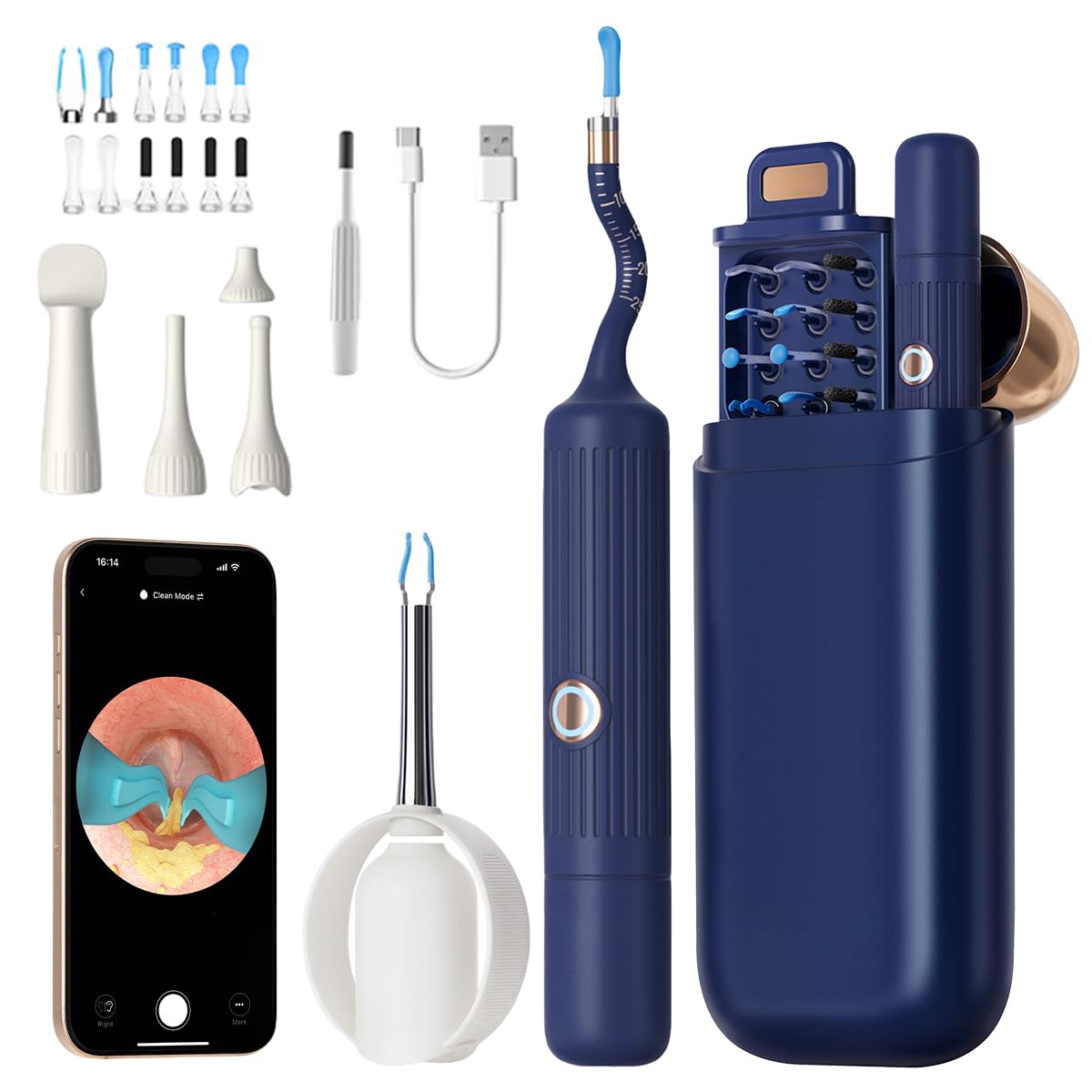 Pulizia Orecchie,Otoscopio Digitale,Ultra HD Flessibile Pulizia Orecchie con Accessori di Ricambio Vari,Kit Rimozione Cerumeper Orecchie,Naso,Gola,Adatto per Adulti e Bambini