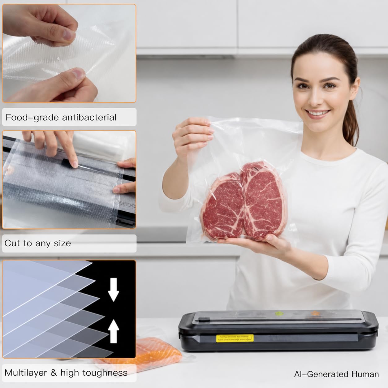 MegaWise 5 Rollen Vakuumiermaschinenbeutel, 20,3 cm breit und 65 m lang für Megawise und andere Marken-Vakuumierer, perfekt für Mahlzeitenvorbereitung und Sous-Vide-Kochen