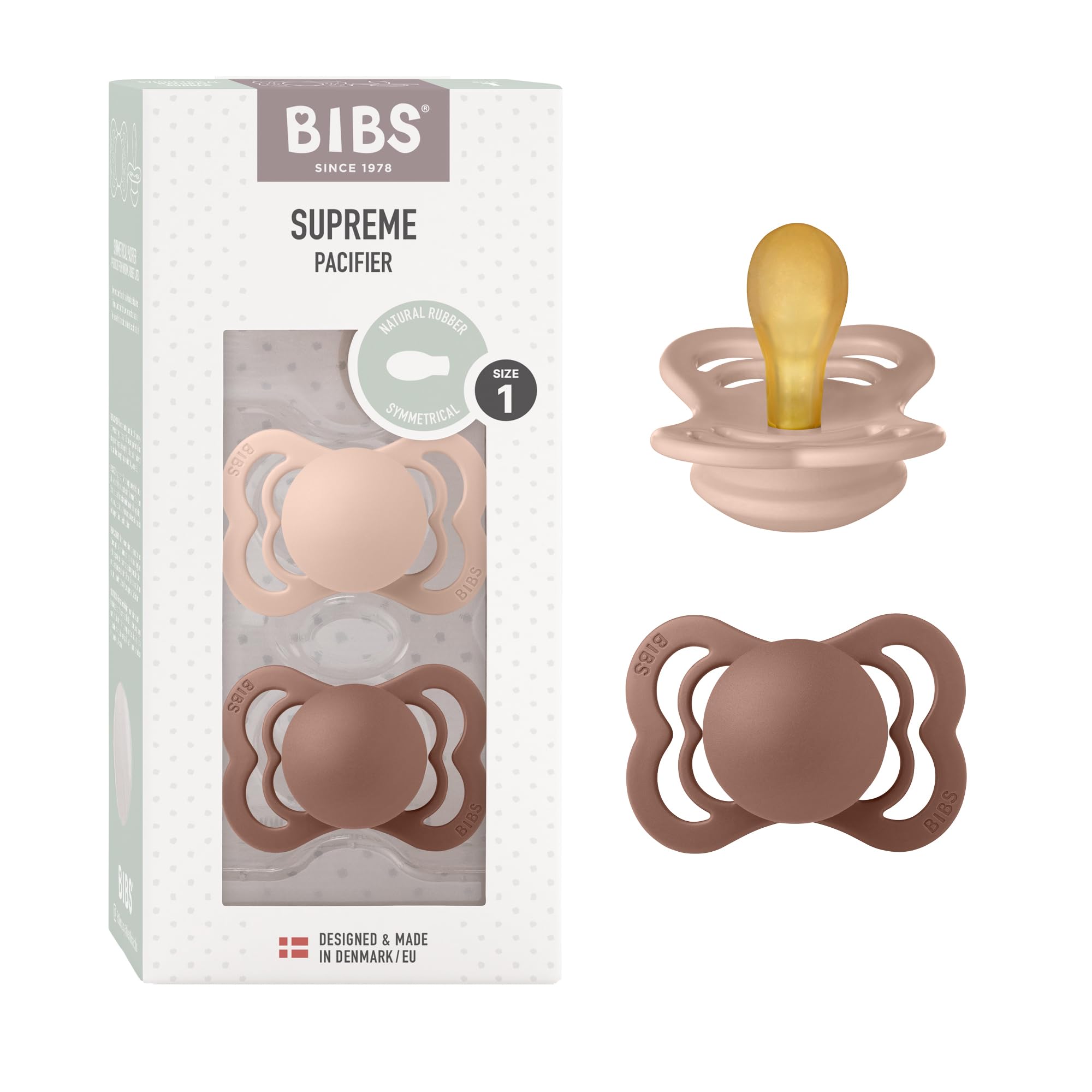 BIBS Pacifiers - Supreme Collection | BPA-Free Baby Pacifier | Made in Denmark | Set of 2 Woodchuck/Blush Color Premium Soothers | Size 0-6 Months