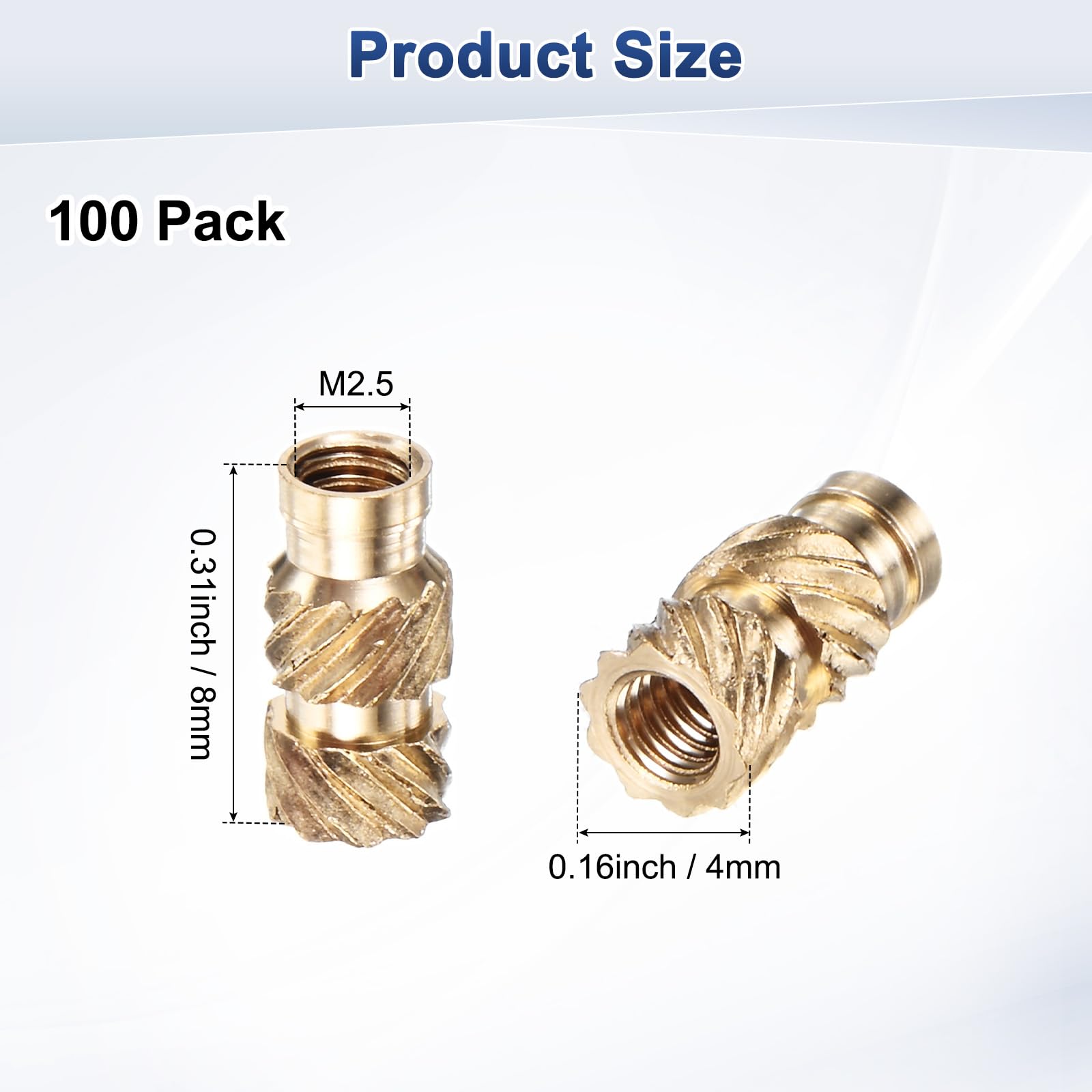 M METERXITY 100-Pack Threaded Inserts, M2.5 x 8mm L x 4mm OD Brass Heat Set Insert Nuts - Image 3