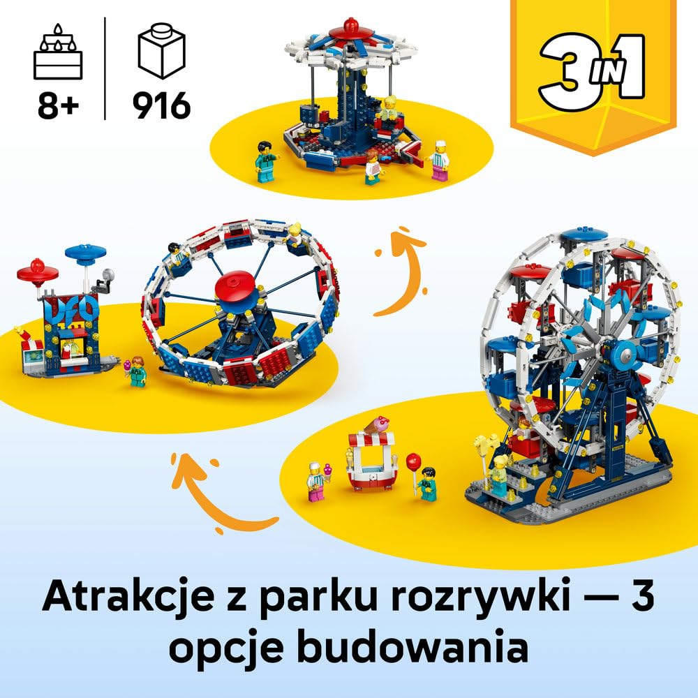 LEGO Creator 3 w 1 Kultowy diabelski młyn, zabawka konstrukcyjna dla dziecka, diabelski młyn, przejażdżka z UFO lub karuzela, pomysł na prezent urodzinowy dla chłopca lub dziewczynki od 8 lat 31389