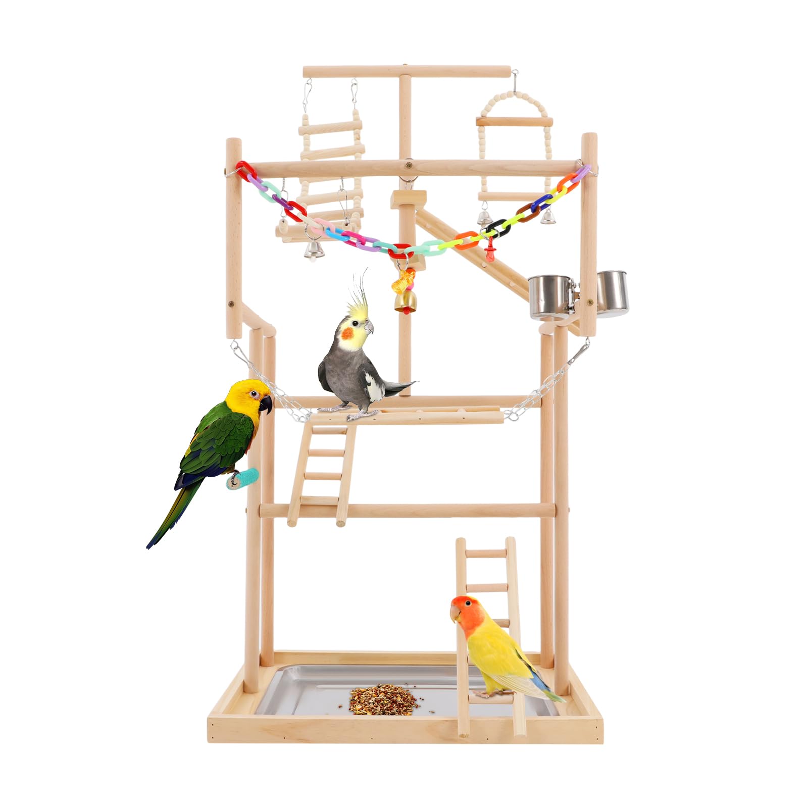 Parco giochi per pappagalli, 4 livelli, parco giochi per uccelli, con tazze, altalena in legno, scaletta, campane per pappagallini, parrocchetti, 48 x 33,5 x 94,5 cm