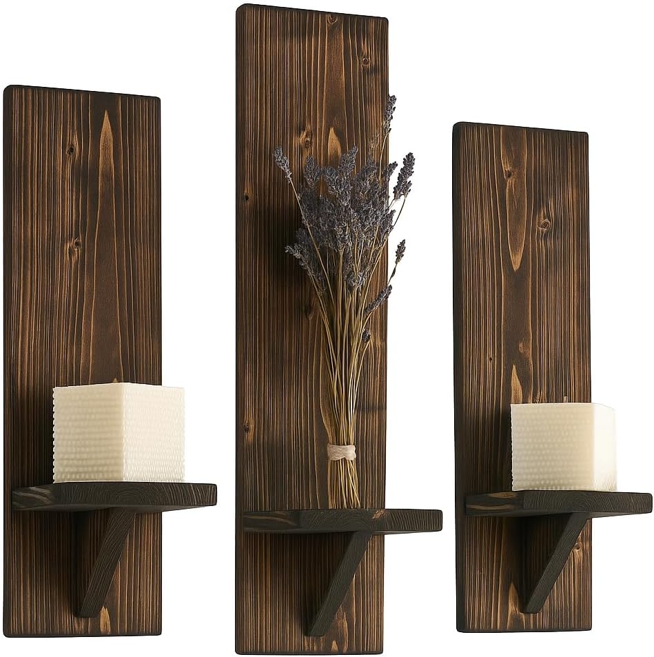 Rustic Farmhouse Wood Sconces for Wall Decor | Dark Walnut Floating Shelves for Candles or Plants | Vertical Wall Mounted Accent Set of 3