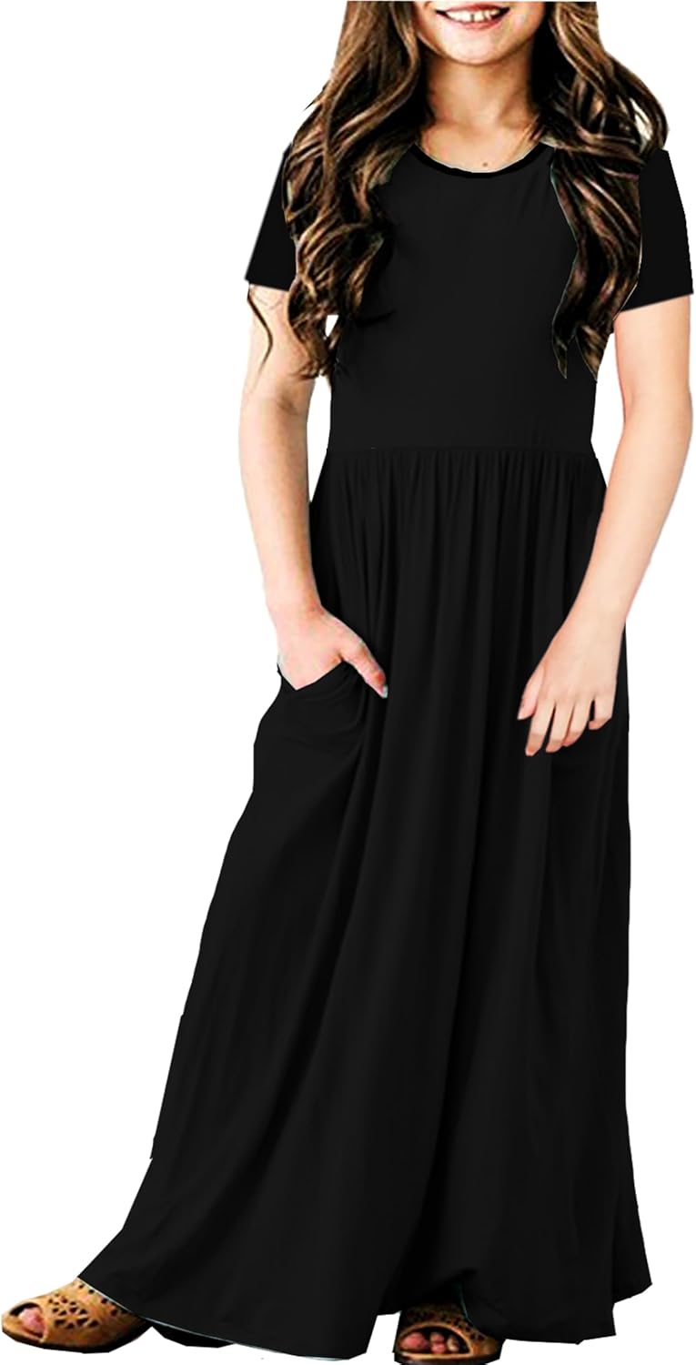 Deerose Girls Maxi Dresses Holiday Long Dress Short Sleeve with Pockets 5-14 Years