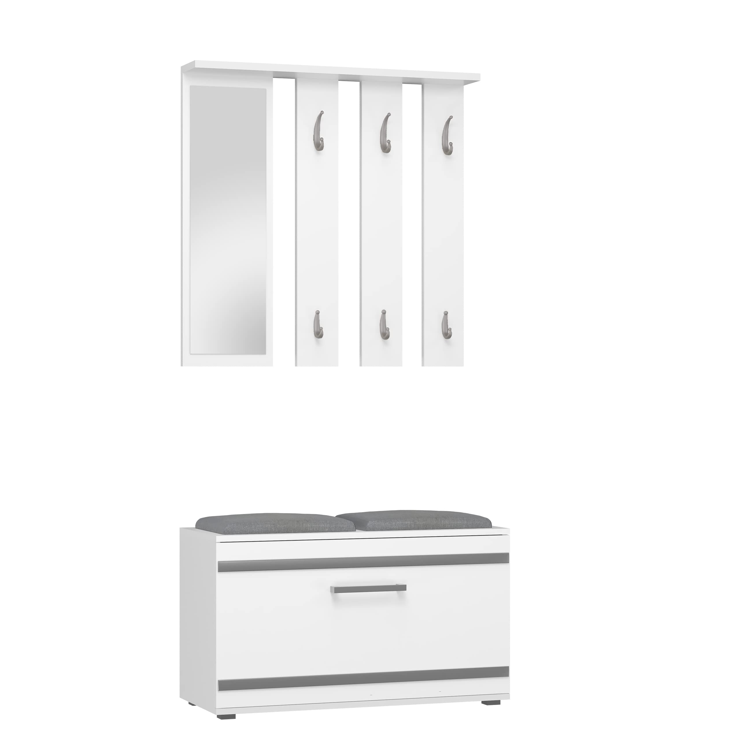 CDF Garderoben Set Wandgarderobe Mit Spiegel Schuhschrank Sitzbank 6 Haken 4 Fächer Für Schmale Flur Diele Weiß 85 x 35 x 180 cm Komplettset mit Spiegel und Sitzbank