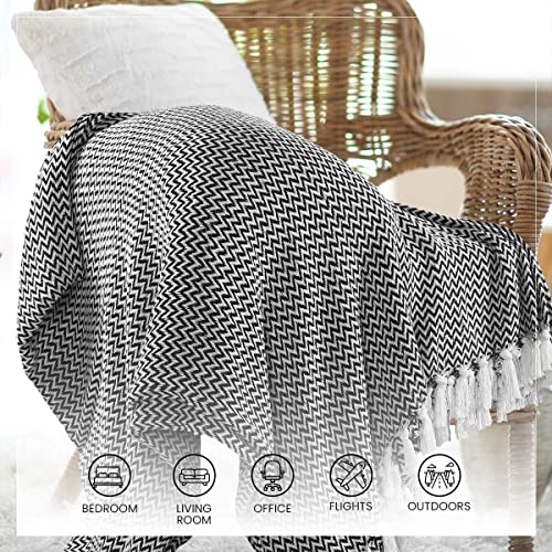 Image of SASHAA WORLD Chevron Throw Blanket Handwoven with Fringes | Throw for Living Room, Bed, XL Sofa & Chair | Black Throw Blanket | 170x250 cm Pack of 1