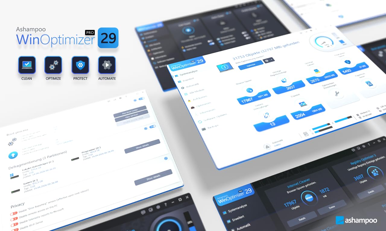 Ashampoo WinOptimizer Pro 29 – Premium PC-Tuning Software für schnelleres, sicheres und optimiertes Windows | 1 Gerät | 1 Benutzer | Aktivierungscode per Product Key Card