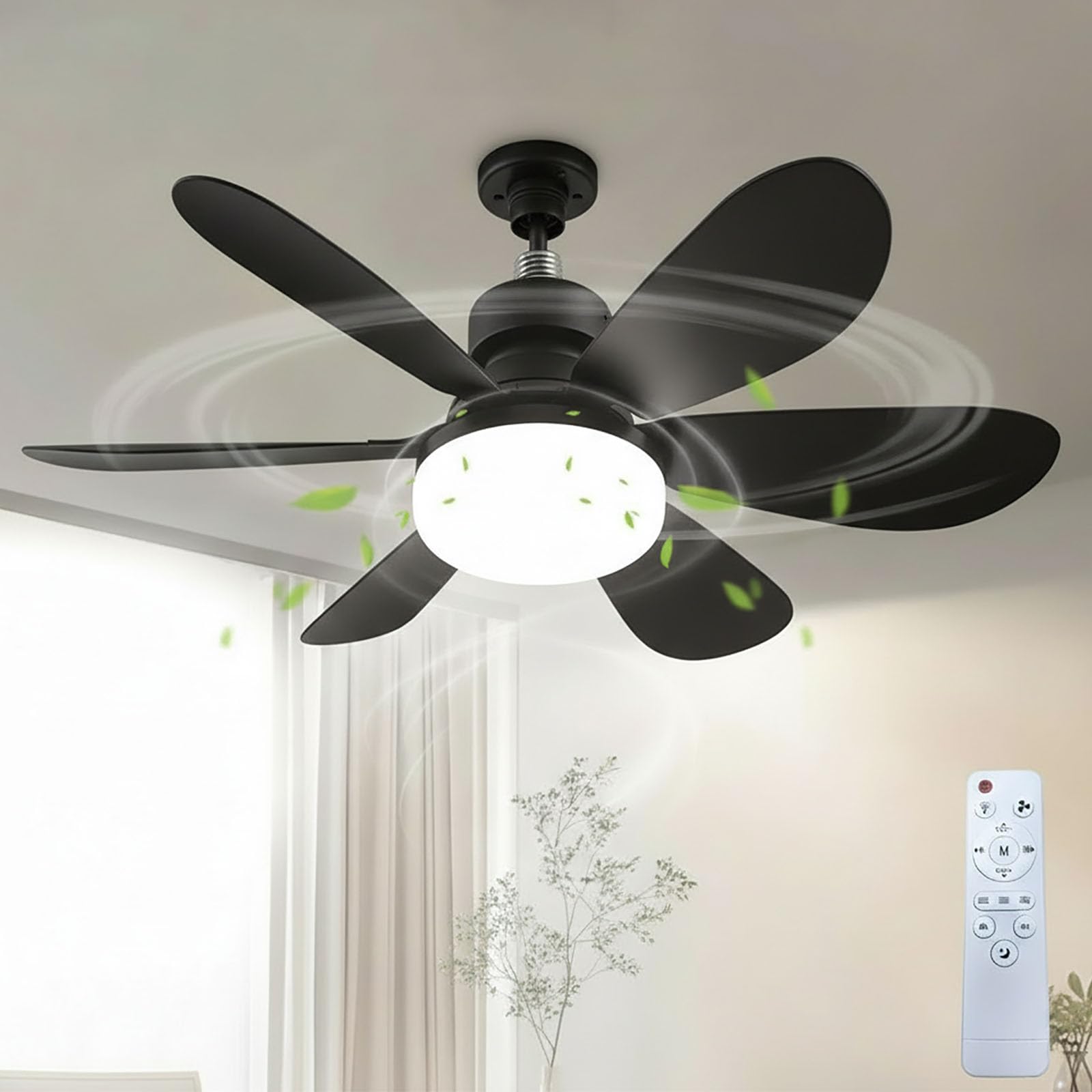 Smartbreez 40w LED Ceiling Fan Light 20.5 Ultra-Quiet with Remote, 2-in-1 Socket Fan Light with Remote Control, 3 Speeds Plug in Ceiling Fan with E27/B22 Bayonet Fitting (Black,Oval 6-Blade)
