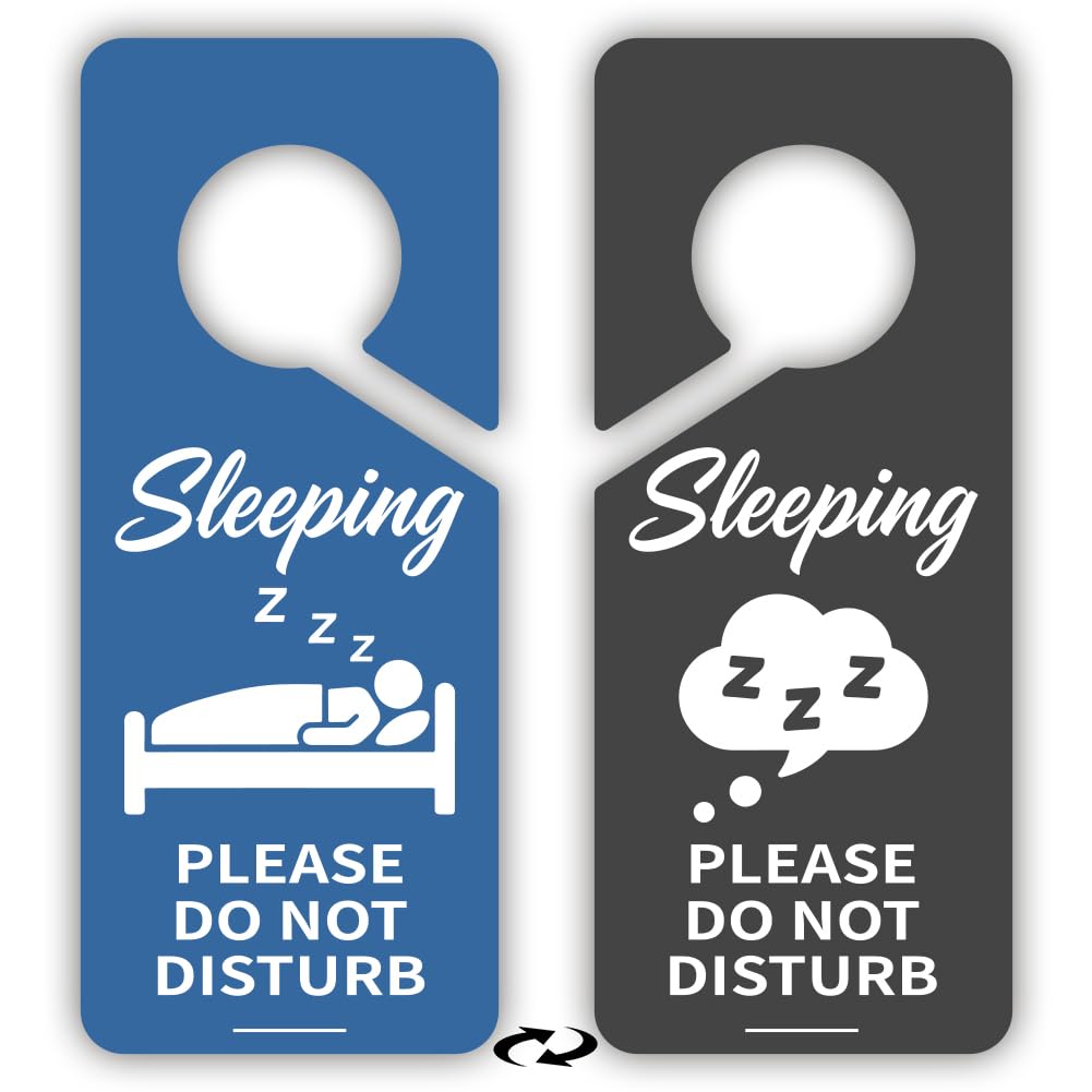 PRESSINART 2Pcs Sleeping Do Not Disturb Door Sign PVC Double Sided 9 x 4 Inch, Sleeping Door Hanger Blue Black Plastic Notice Plaque for Office Bedroom Therapist Clinic Dorm Quiet Space Decoration