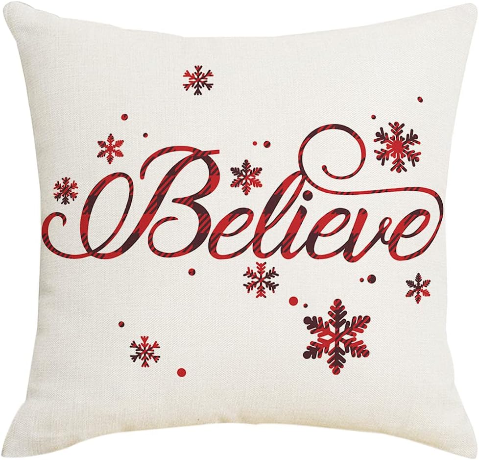 Artmag 22x22 Christmas Pillow Covers, Decorative Farmhouse Christmas Vibes Believe Buffalo Plaid Let it Snow Outdoor Pillow Shams Cases Slipcovers Set of 4 for Couch Sofa