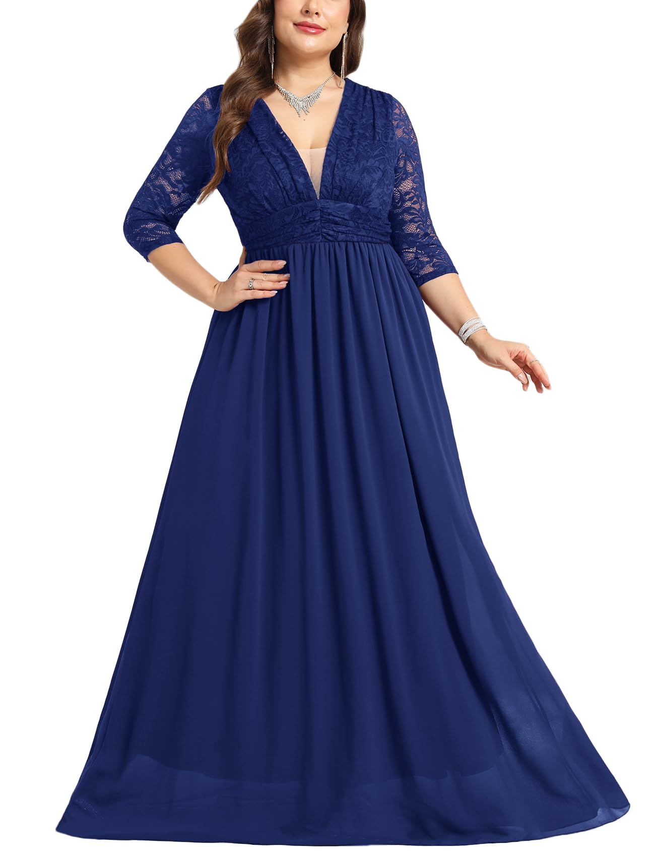 CYCLAMEN Plus Size Wedding Dress Lace Chiffon Deep V-Neck A-Line Long Sleeve Maxi Dresses Formal Evening Gown Cocktail