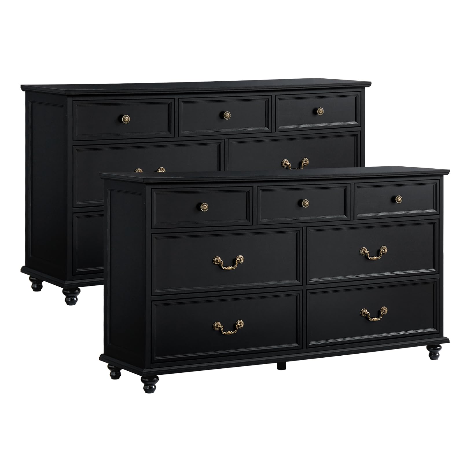 Joaxswe Farmhouse 7 Drawers Dresser Sets of 2 for Bedroom, Black 54 Inch Wide Chest of Drawers w/ 4 Wooden Legs, Large Vintage Rustic Closet Dressers for Living Room, Wood TV Stand