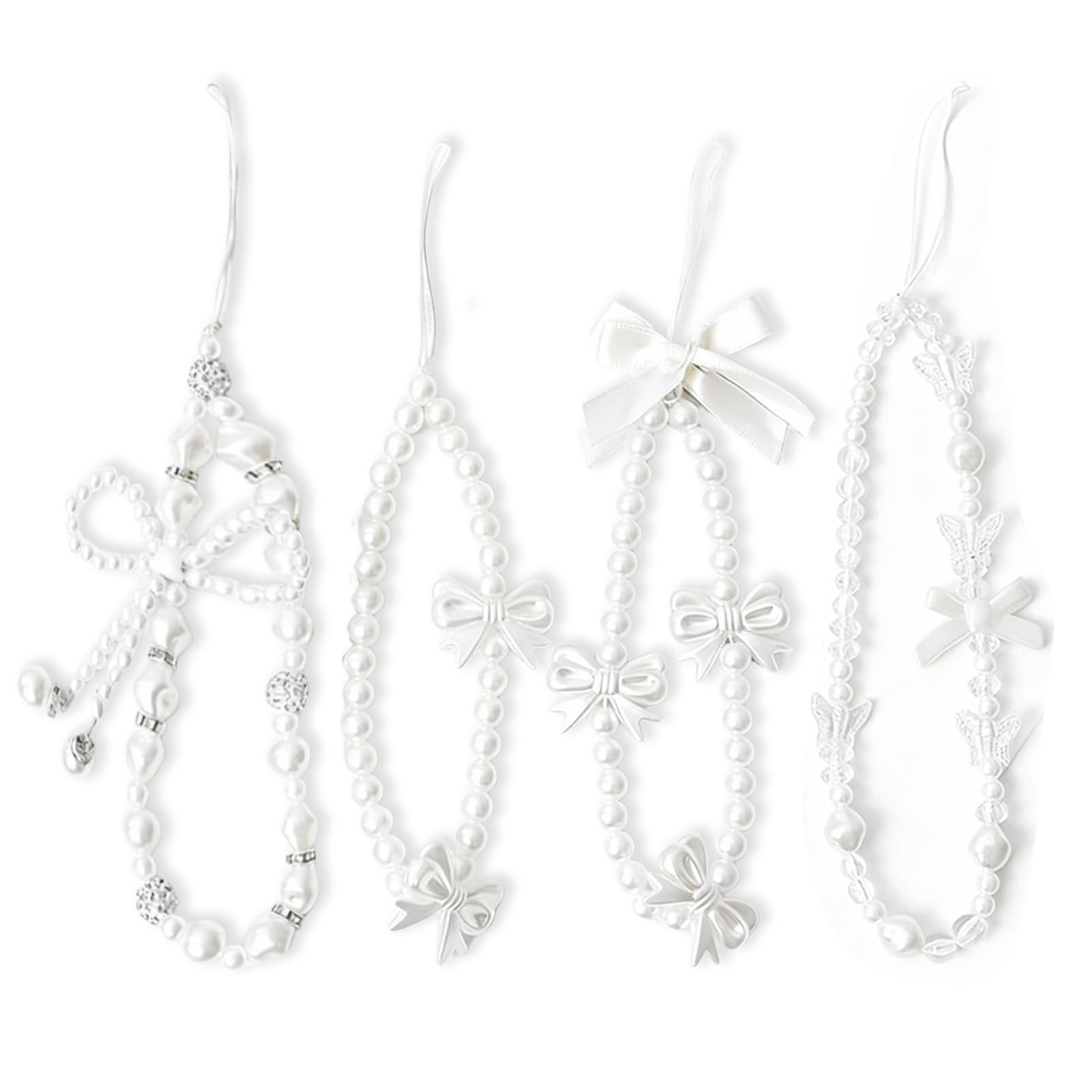 4 Pcs Cute Cell Phone Charms, White Pearl Bracelet Strap Chain Wrist Beads MobilePhone Charm Wrist Strap to Prevent Loss, Phone Case Accessories for Keychain Camera Decor