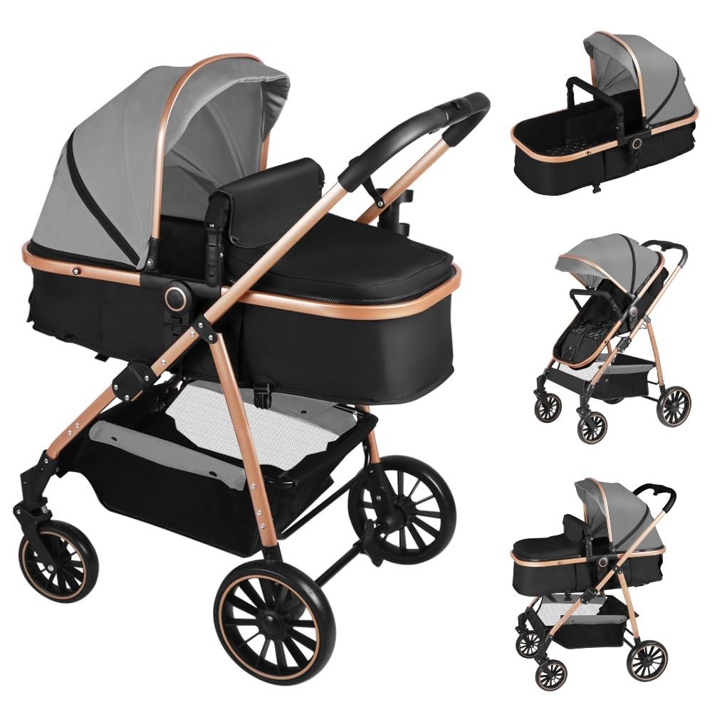 OHMG Poussette 3 en 1 avec Nacelle, Poussette de Voyage's Nacelle est Pliable, Trio Poignée est Réglable, les Roues sont en Matériau PU, pour Enfant de la Naissance à 3 Ans (Gris)