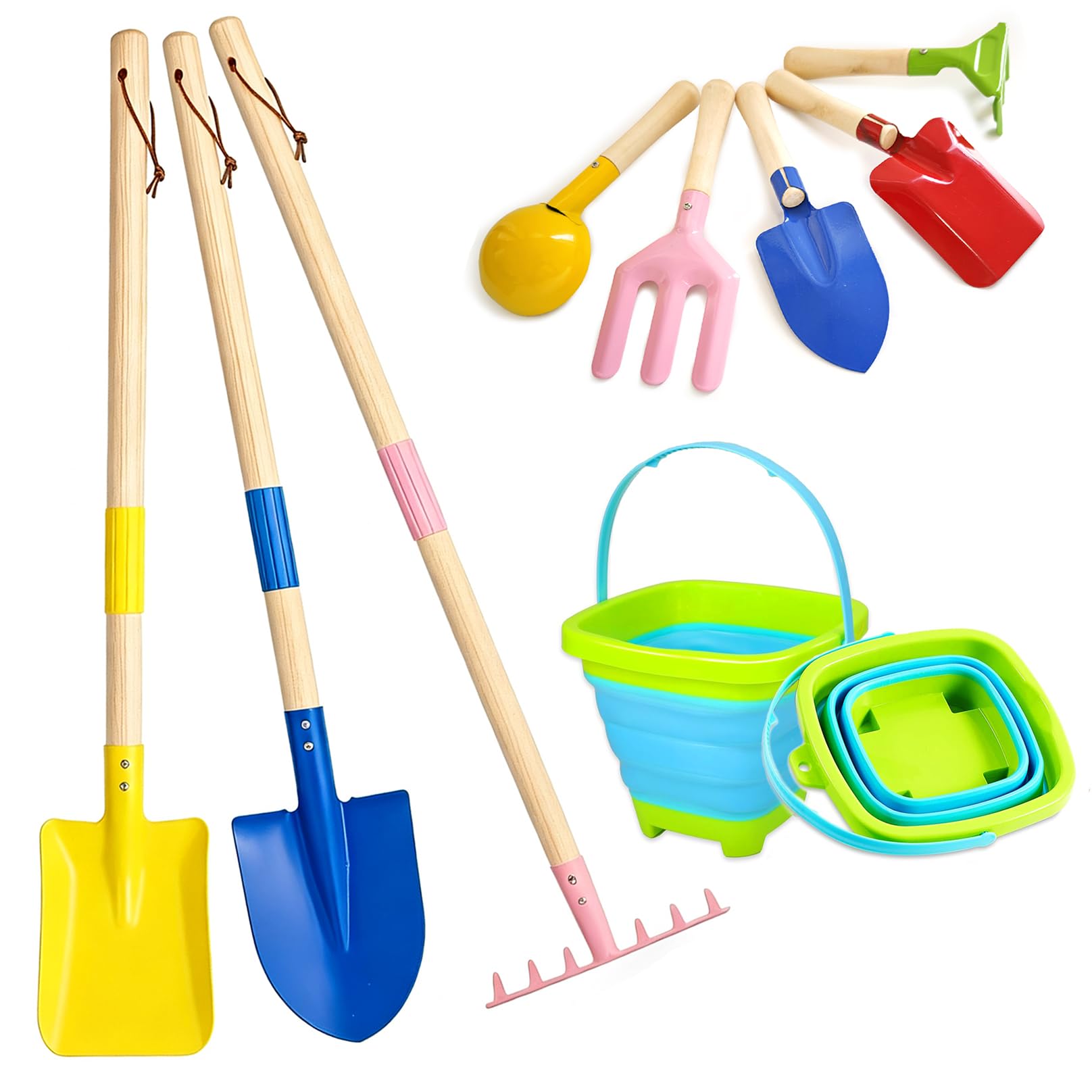 Ky-Tech Kids Gardening Tools, 9Pcs Children Gardening Set, Include 3Pcs Large Shovel Rake, 5Pcs Small Fork Trowel Rake Shovel And 1Pcs Collapsible Bucket, Outdoor Garden Tools For Kids Ages 3+