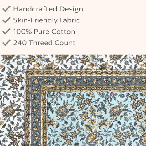 Image of elanorhomes 100% Cotton Single Bed Sheet with Pillow Cover | 240 TC Bedsheet for Single Bed | Hand Printed Floral Bedsheets | Ultra-Soft & Breathable | 60x90 inches (Seashell)