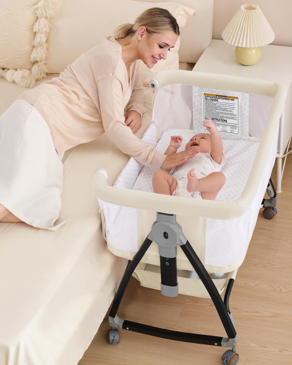 Bedside Bassinet for Baby, 3 in 1 Breathable Mesh Baby Bassinet, 6 Height Adjustable, Easy to Assemble, Bassinet Bedside Sleeper with Wheels, Mosquito Net, Storage Basket, Bassinets for Newborn Baby | Multi-functional — view 8