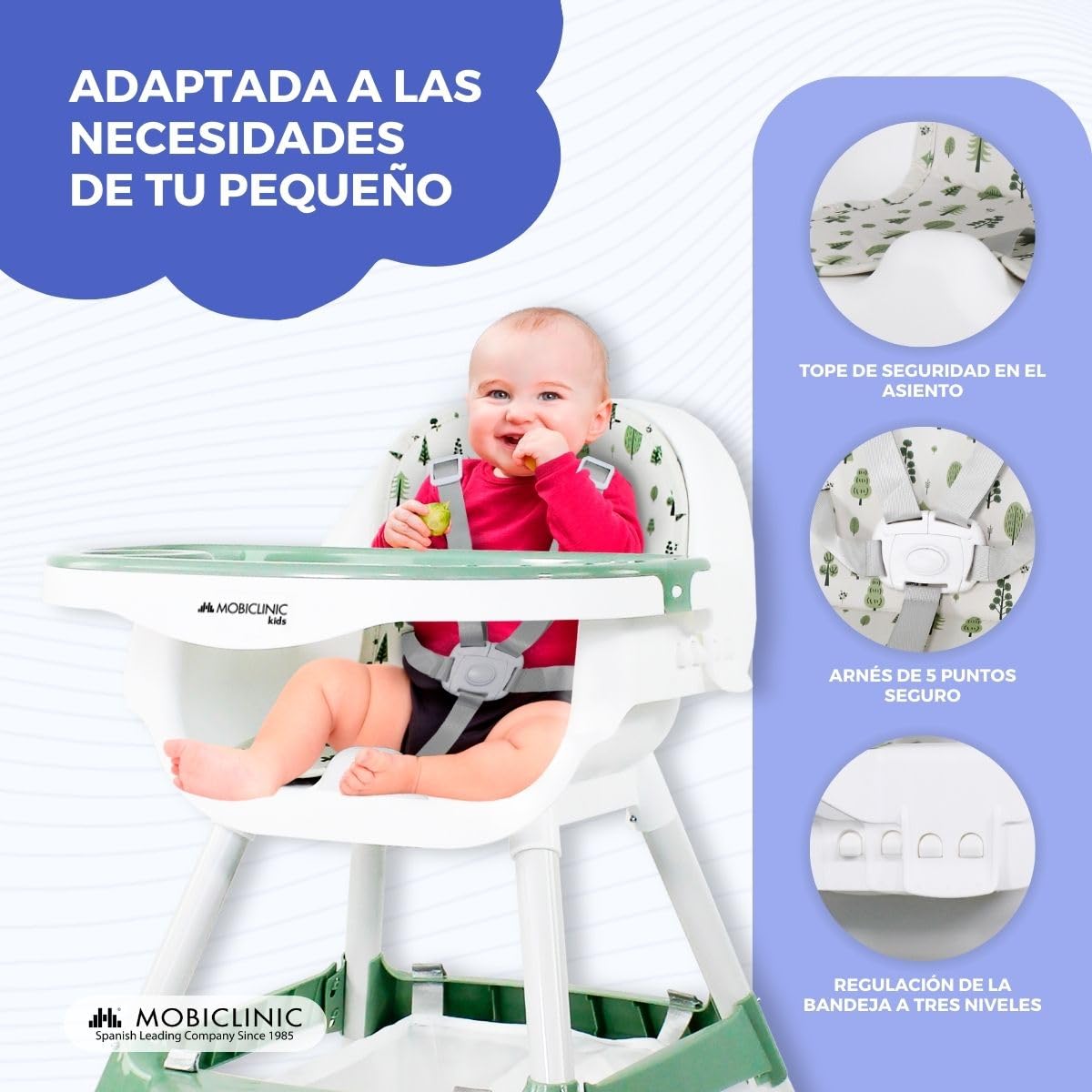 Mobiclinic® kids, Trona evolutiva, 2 en 1, Altura ajustable, Doble bandeja, 6 meses - años, Forest, Arnés de seguridad 5 puntos, Ruedas extraíbles, Hasta 35 kg, Cesta almacenamiento, 360º