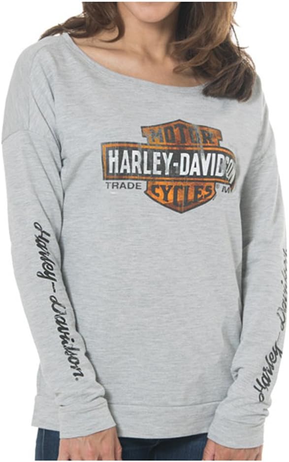 Harley-Davidson Women's Distressed Elongated B&S Long Sleeve Shirt, Heather Gray