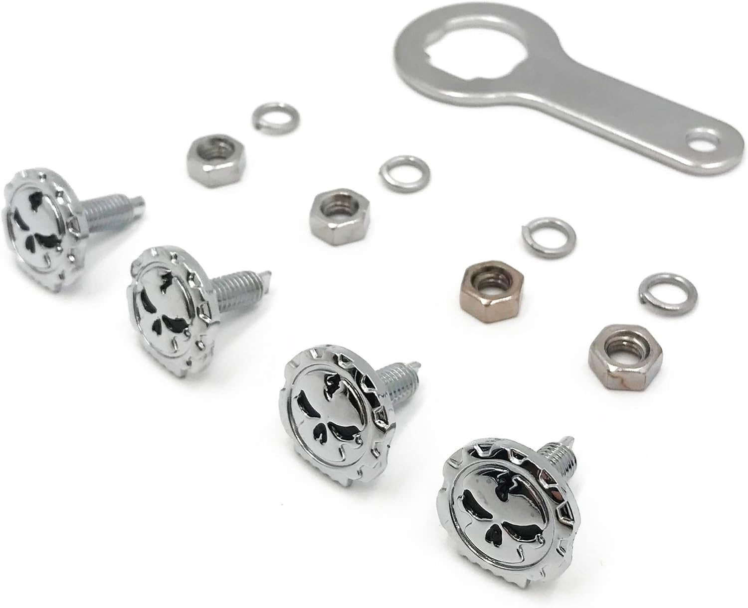 MT414-003- Chrome Gear Skull License Plate Mount Hardware Wrench Lockwasher Nut 1/4" Screw