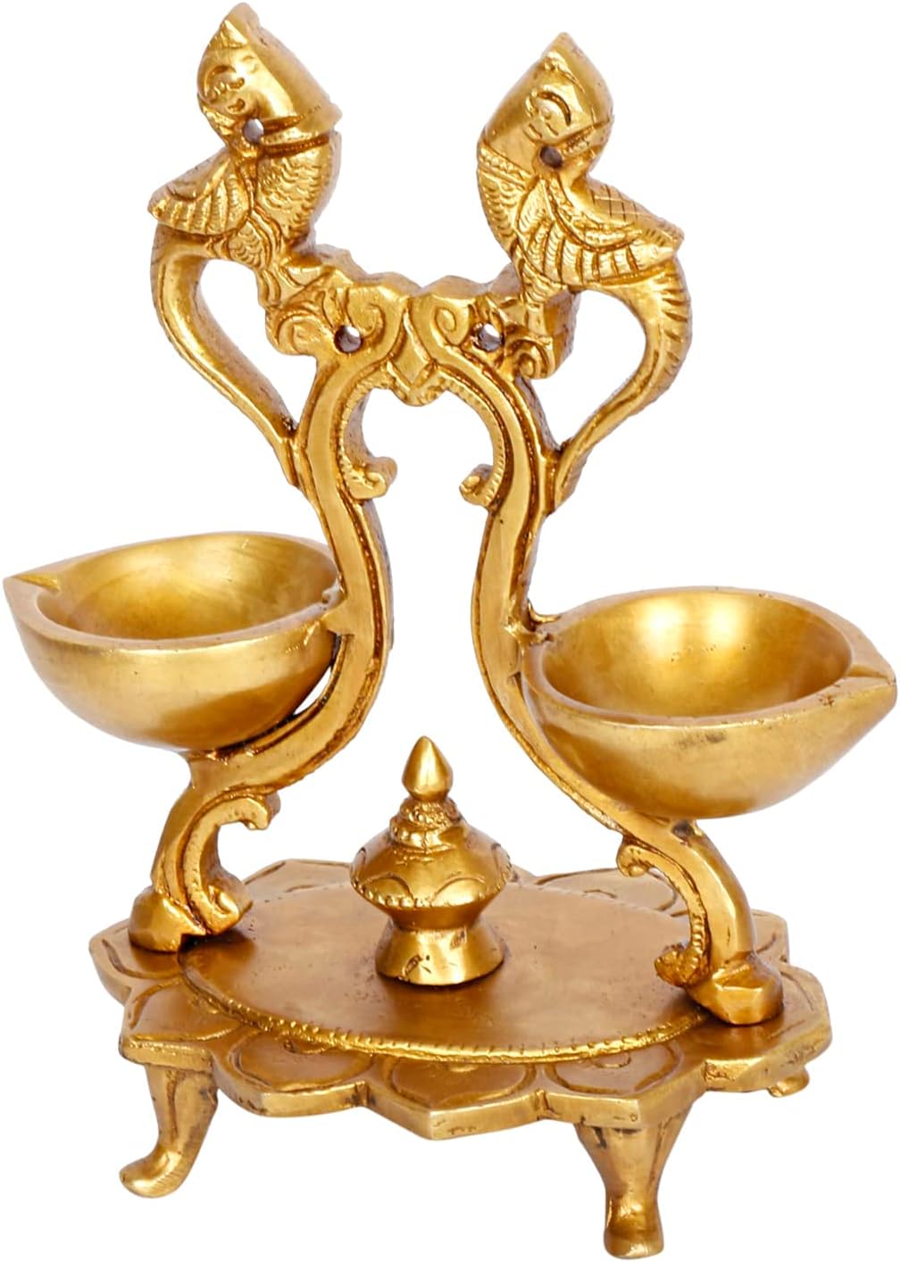 Kartique Brass Peacock Oil Lamp Diya Two in One Deepam for Home Gold Color Height 6.5 Inch