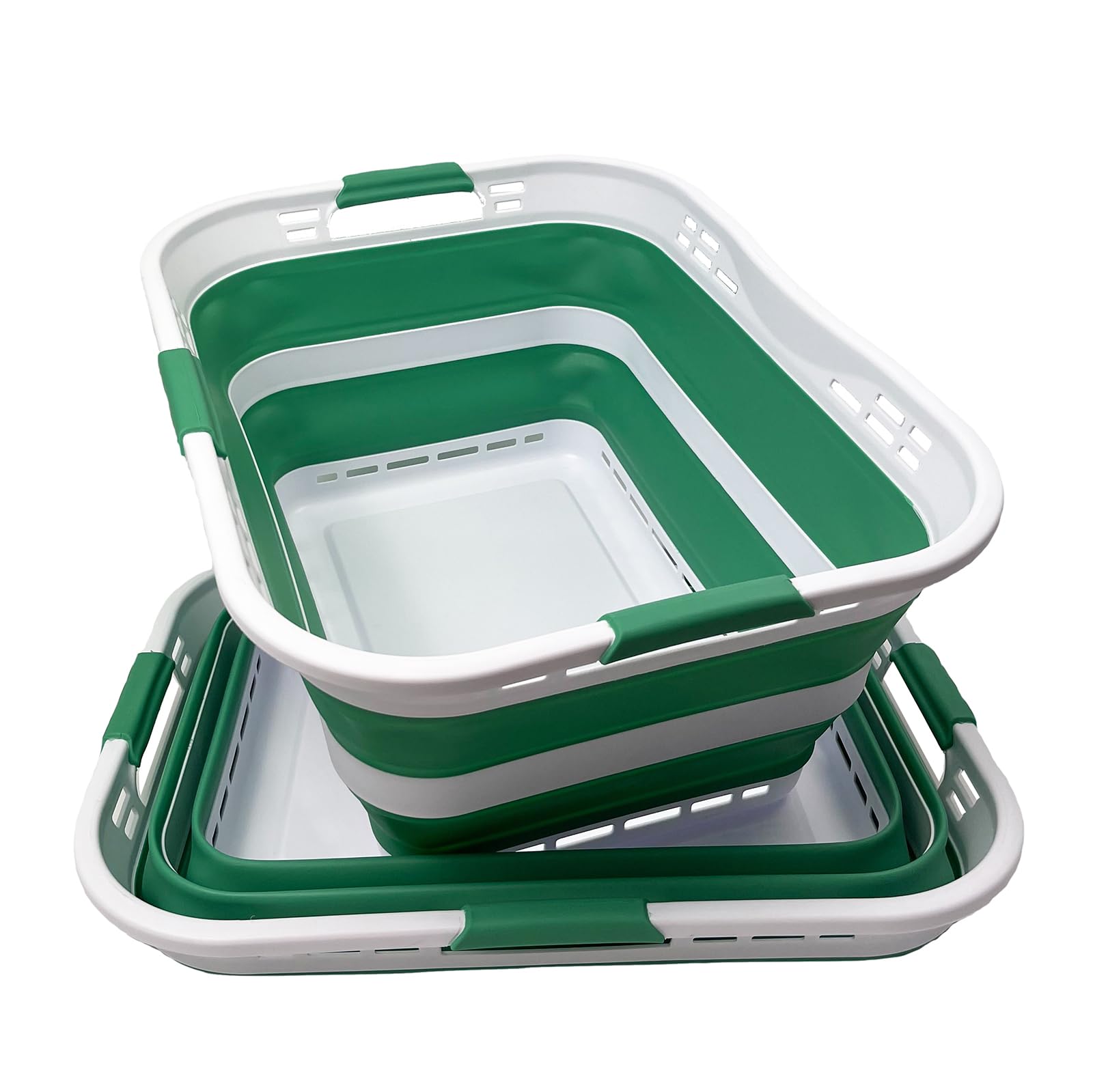 SAMMART Set of 2 Collapsible Plastic Storage Basket - Foldable Pop Up Storage Container - Portable Laundry Organizer - Space Saving Hamper (White/Winter Green, 42L (Style A))