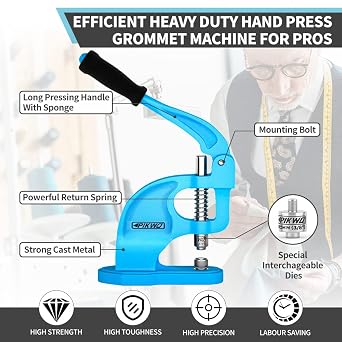 Heavy Duty Eyelet Grommet Machine Press Punch Tool Kit with 3 Dies & 900 Pcs Grommets, Self Piercing, Labor Saving, Corsetry Class Recommended