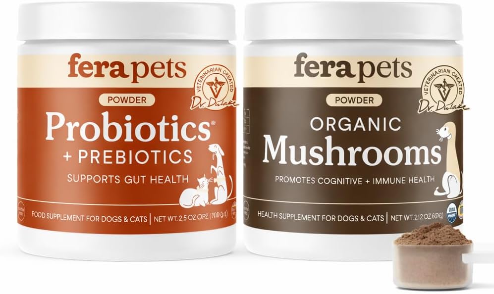 Fera Pets Gut + Immune Support Bundle - Probiotics Powder (60 School) & Mushroom Powder (120 Scoops) for Dogs & Cats