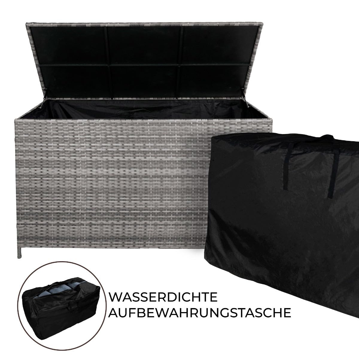 582L Rattan Kissenbox & Wasserdichte Tragetasche | Outdoor Truhe für große Kissen Decke Werkzeug Spielzeug Möbel | Mit Stahlramen, Gasbetriebener Liftdeckel & Rollen | UV- & wetterbeständig [Grau]
