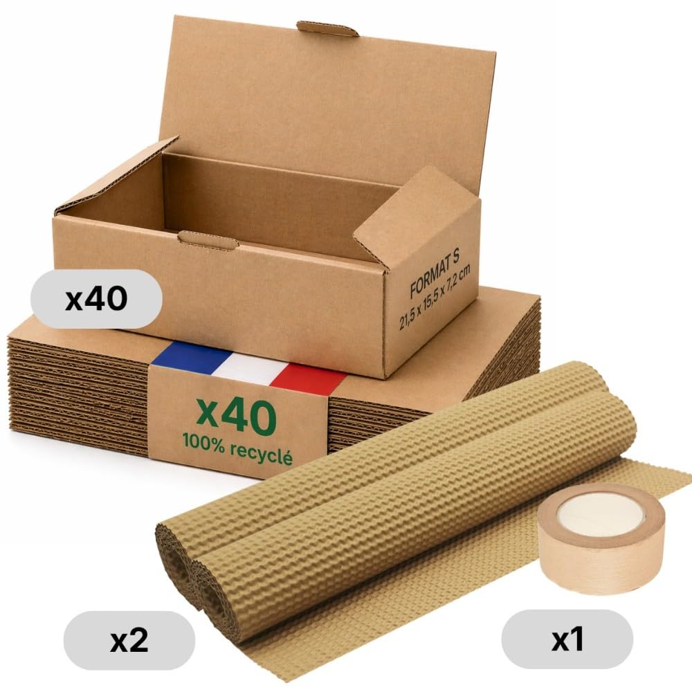 Opakowanie kartonowe S - zestaw 40 + ochrona papieru + klej papierowy - 21,5x15,5x7 cm - Wzmocnione - w 100% nadaje się do recyklingu - biżuteria, kubek, świece - Life Pack