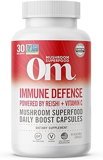 Om Mushroom Superfood Immune Defense Mushroom Capsules Superfood Supplement, 90 Count, 30 Days, Mushroom Blend, Reishi, Turkey Tail, Maitake, Agaricus Blazei, Vitamin C, Vegan