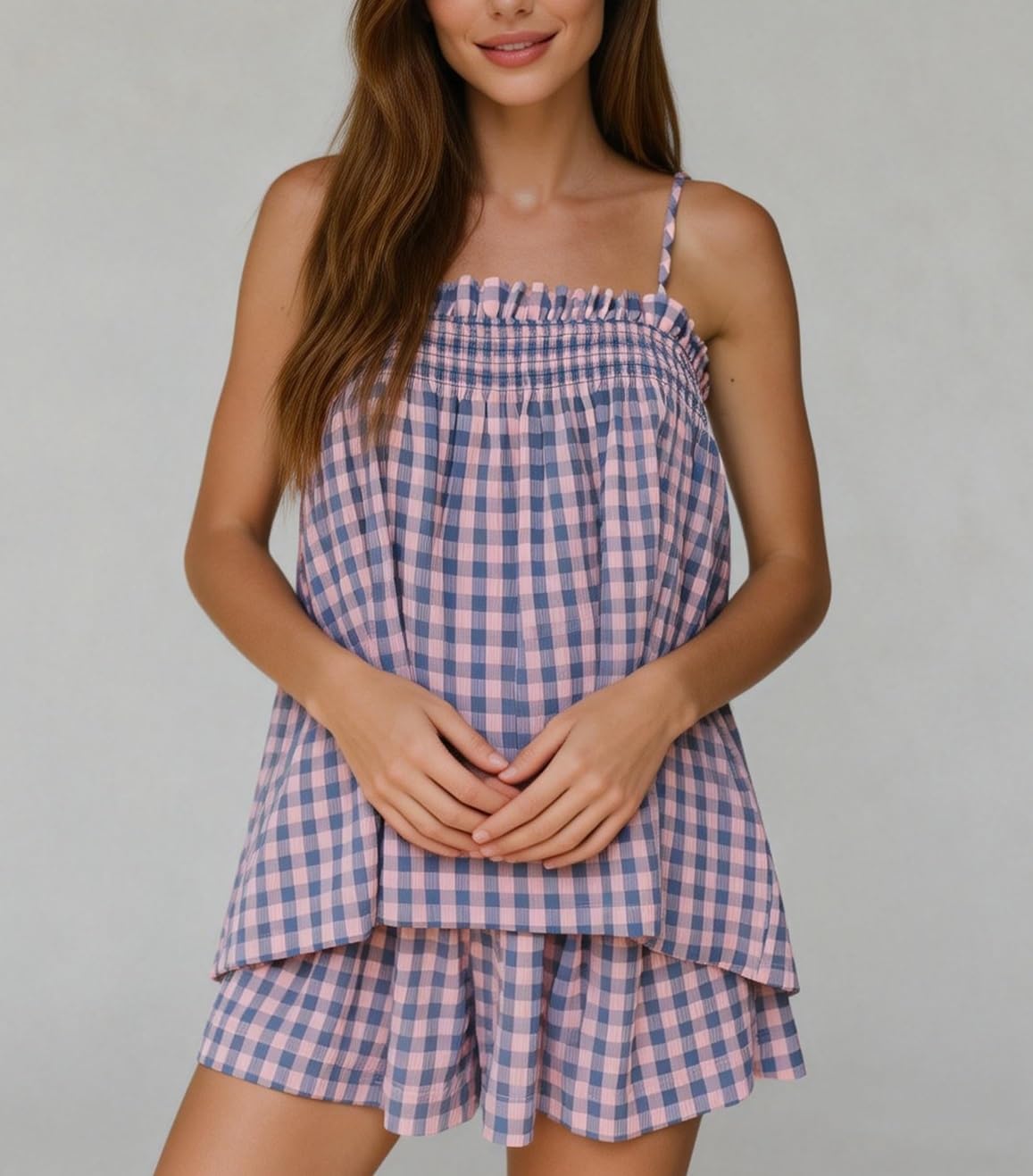 Women Gingham Two Piece Set Sleeveless Babydoll Tank Top and Plaid Shorts Pajama Set Sleepwear Y2k Summer Outfits