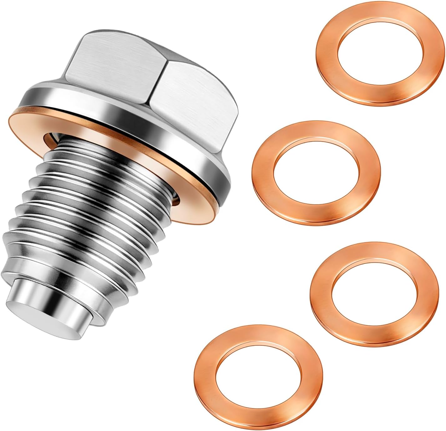 M14x1.5 Magnetic Oil Drain Plug, Hex Size 17mm Stainless Steel Engine Oil Pan Bolt with 5 Copper Crush Washers ，Universal Leak-Proof Replacement for Most Cars, Motorcycles, Boats