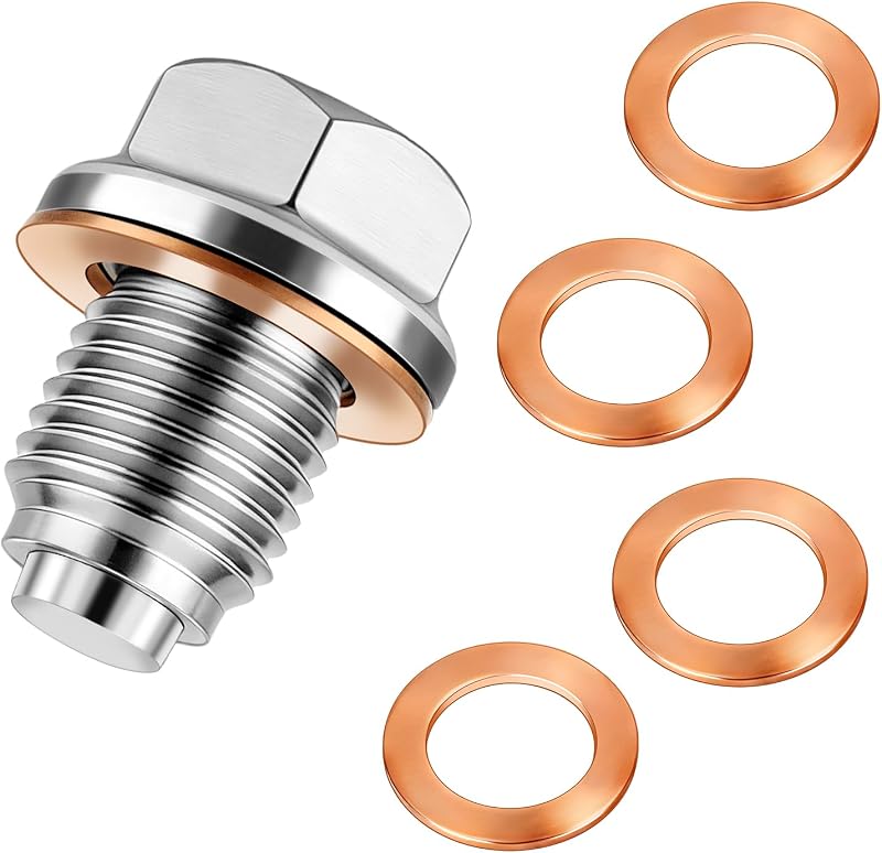 Bujão magnético de óleo Covxyorg M14x1,5 em aço inoxidável, sextavado de 17 mm – Kit com 5 arruelas de cobre