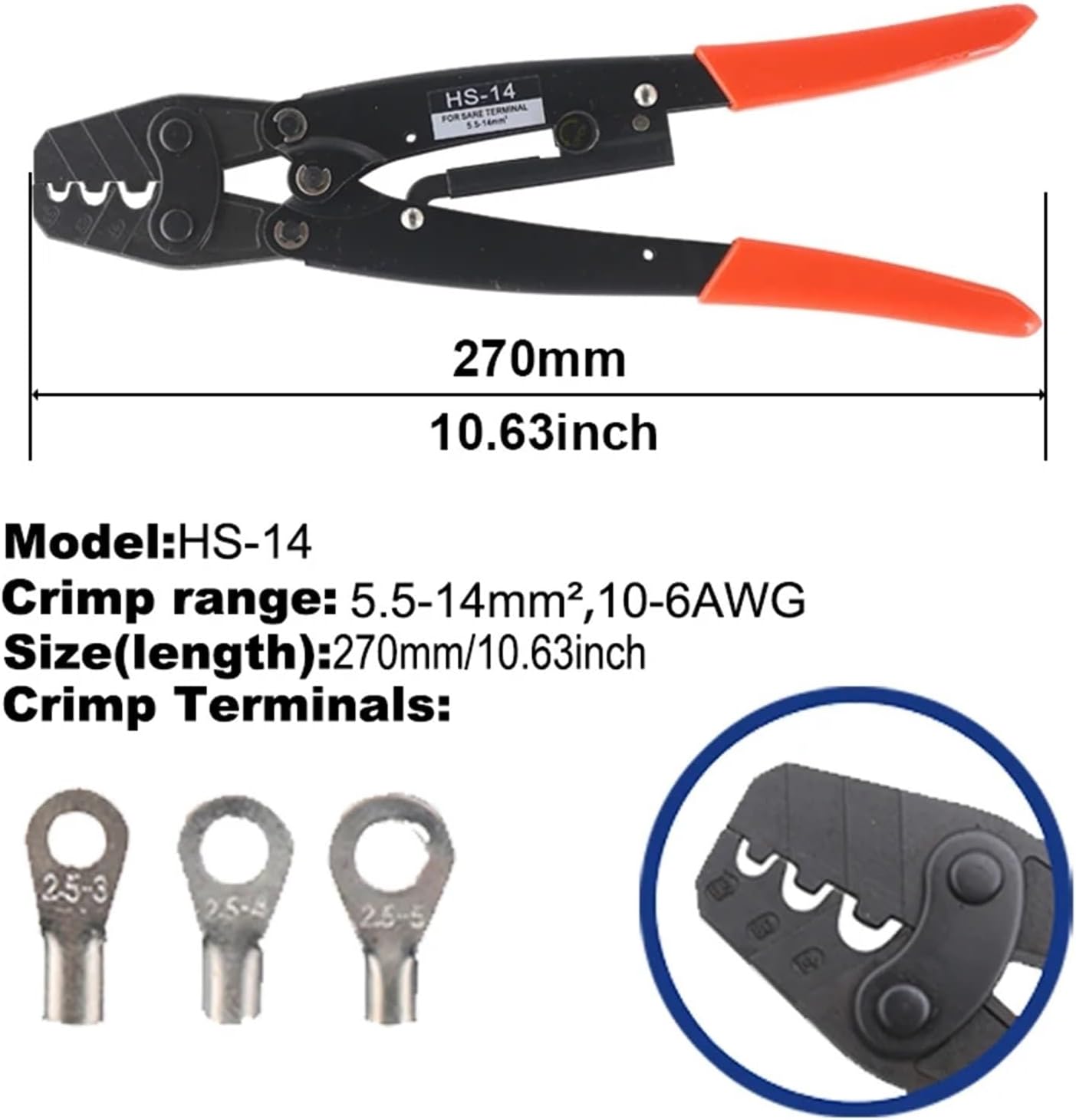 SHOKHI Non-Insulated Terminals Crimper 0.5-38mm Easy Crimp Pliers Wire Connector Electrician Tool Brass & Copper (Size : HS-14)