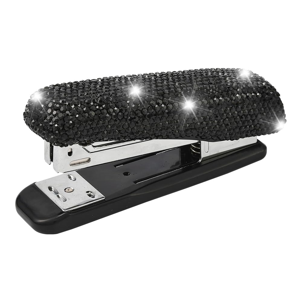 JSCARLIFE Bling Crystal Stapler,Sparkly Diamond Stapler for Desk Handmade Clay Rhinestone Machine Cute Stapler Pretty Office Stationery Kit for Girl Women Lady Christmas (Large Size-Black)