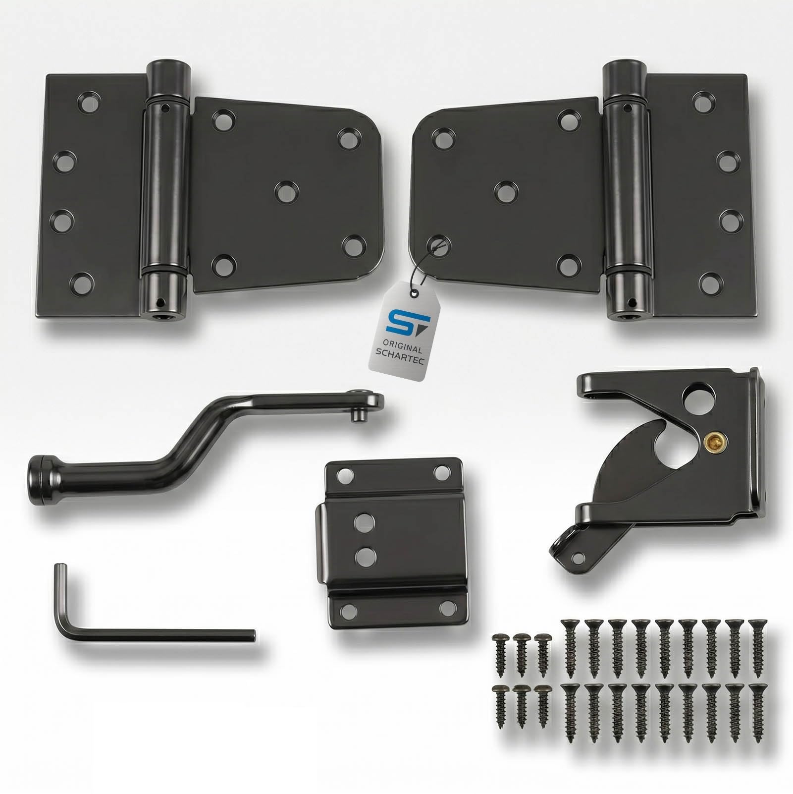 SCHARTEC® Premium Garden Gate Hardware Kit Black galvanised 3 mm Hinges Handle and Latch Set for Wooden Gates Lock Bolt Hinge