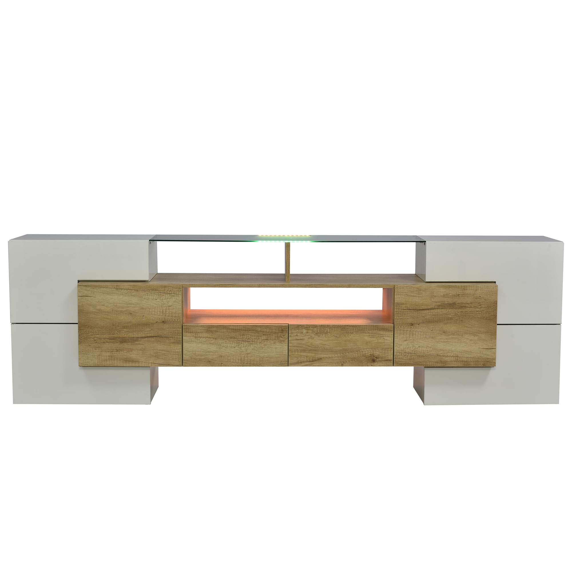 Mueble de TV de 200 cm, Elegante, Armario bajo de Alto Brillo con iluminación LED, Muebles de salón, diseño Moderno, Elegante Superficie de Cristal. (Color Madera, 200 cm)