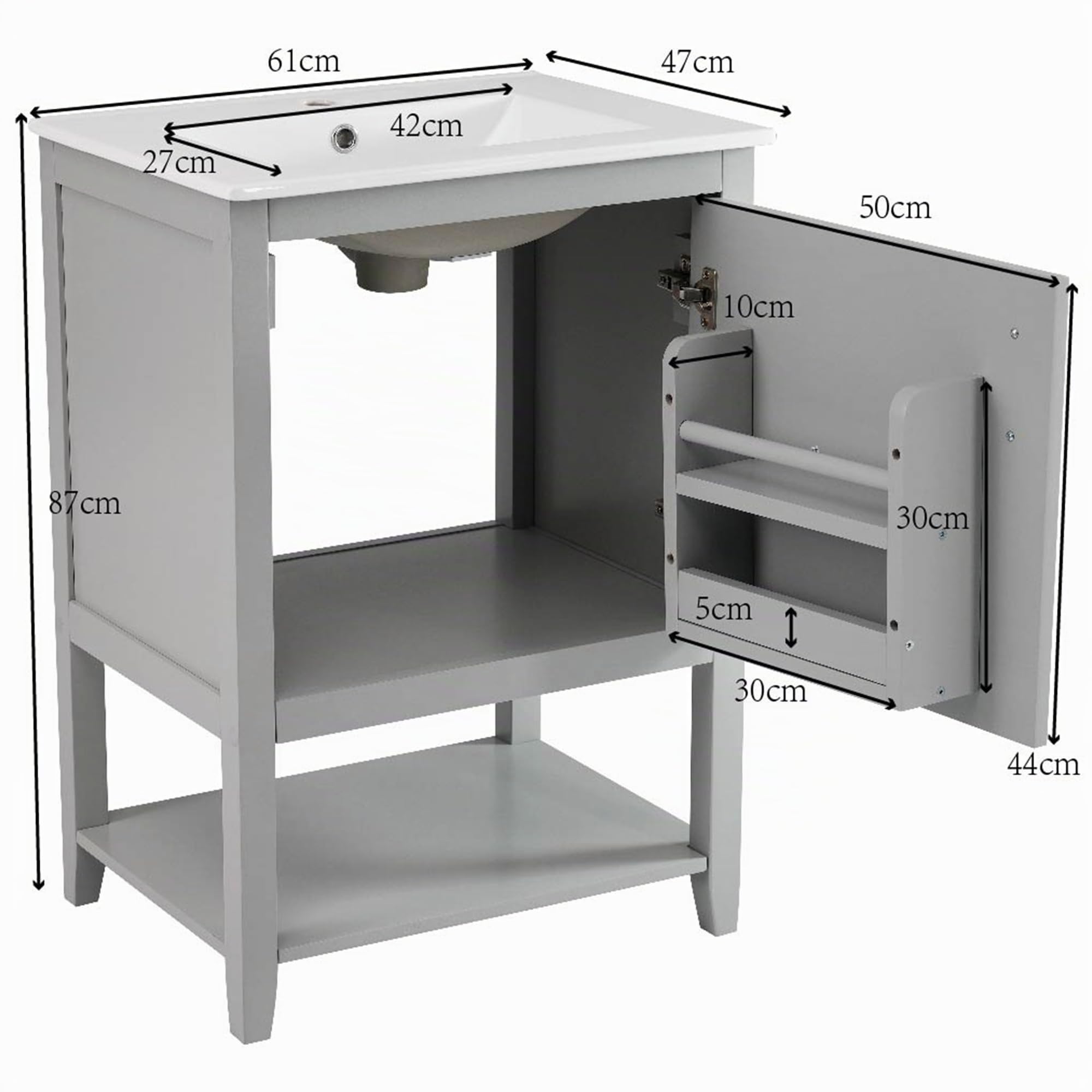 Planetmöbel LUX Juego de muebles de baño de 60 cm + lavabo de cerámica, elegante mueble de baño con estante, muebles de baño para baños pequeños (gris claro)