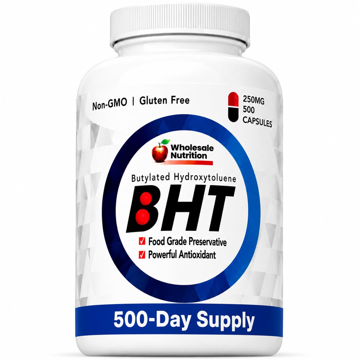 Wholesale Nutrition BHT 250mg, Butylated Hydroxytoluene, 500 Capsules