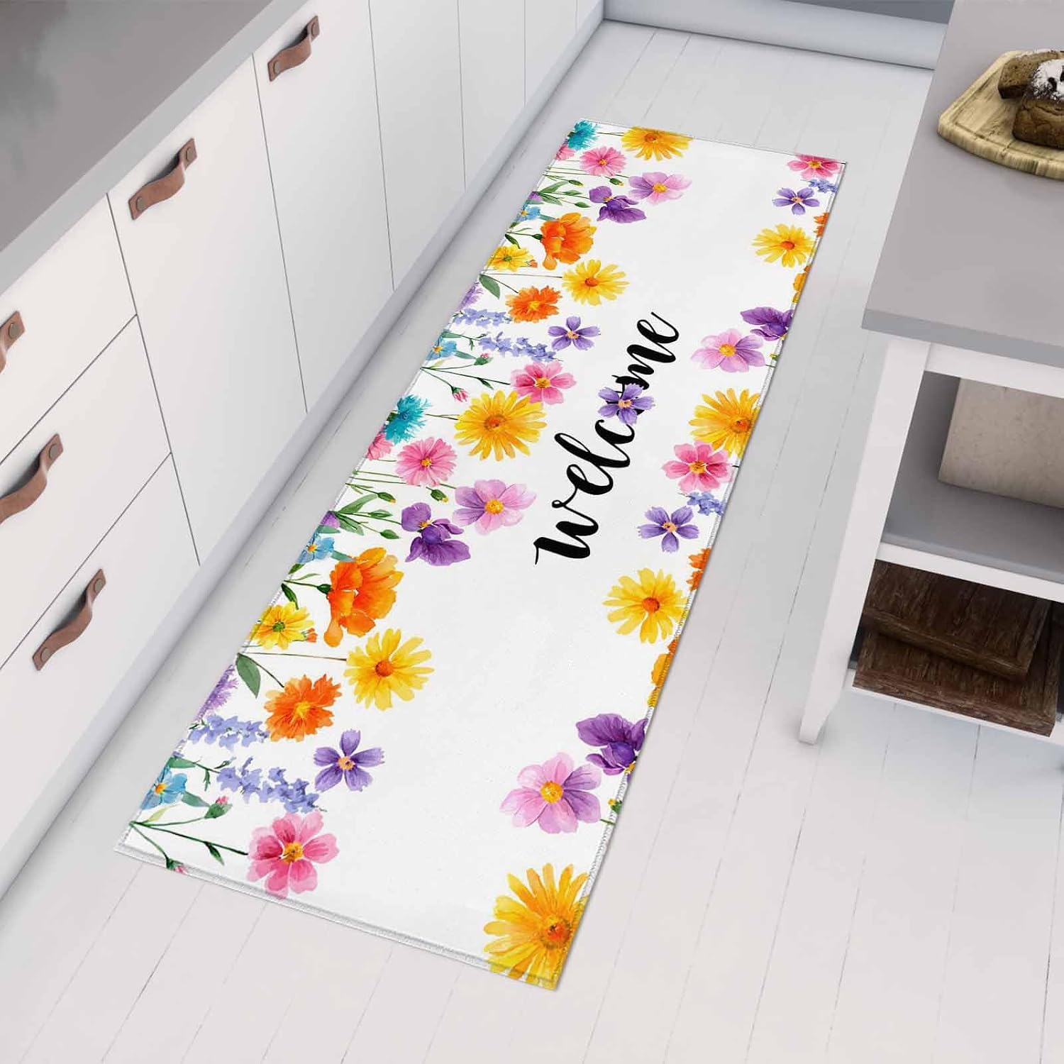 Teamery Kitchen Mats for Floor Summer Pastoral Colorful Flower Washable Non Slip Kitchen Rugs 1PCS, Farmhouse Floral Plant Absorbent Standing Mats for Sink Bathroom Office Living Room 15.7x47.2in