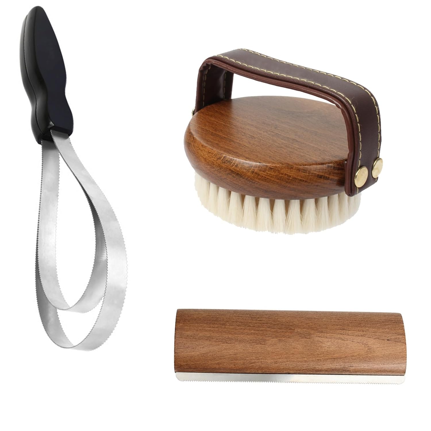 Handcrafted Solid Wood Horse Grooming Set, 3-Piece Kit With Single-Handle Sweat Scraper, Double-Handle Sweat Scraper and Brush for Equine Cleaning