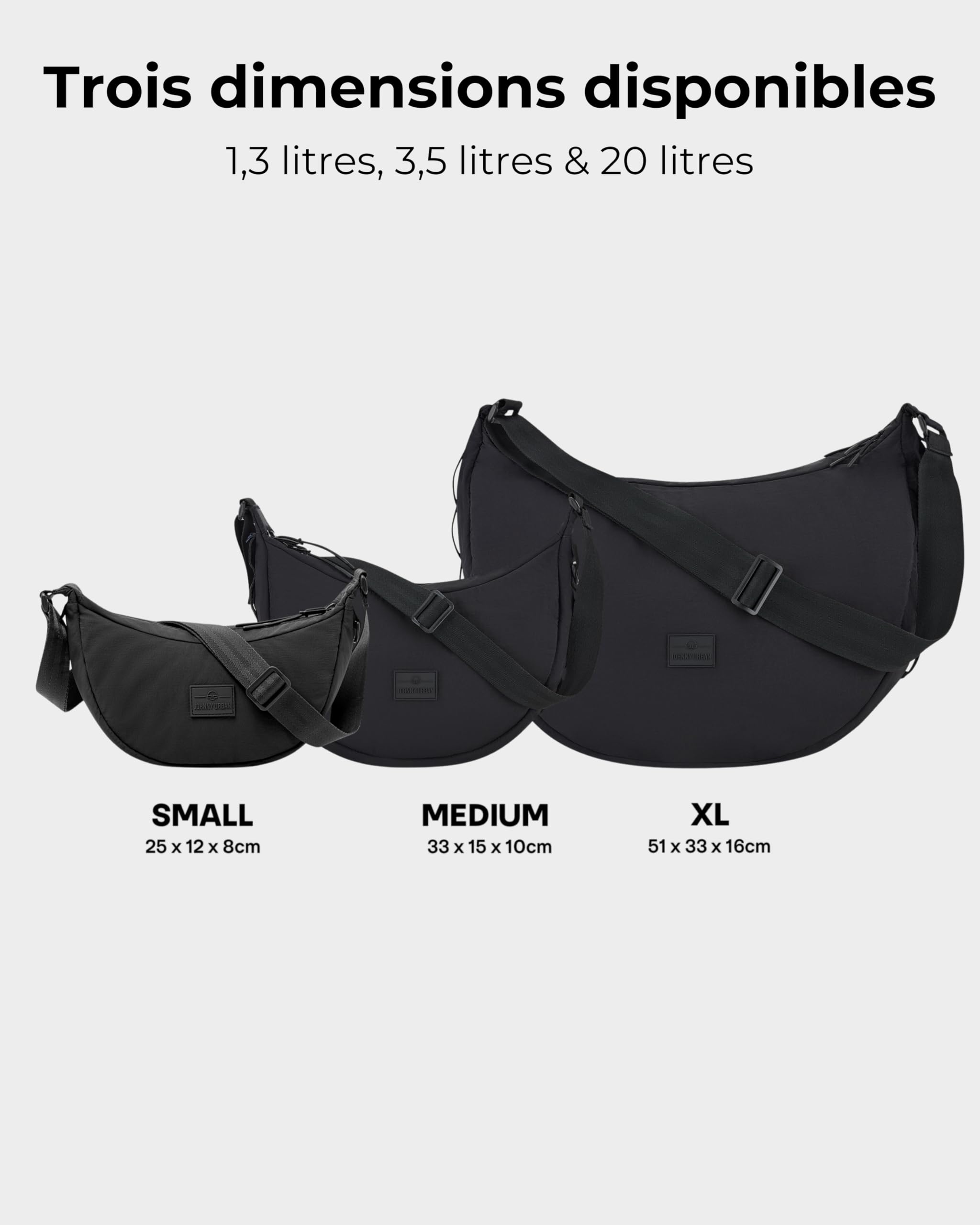 Johnny Urban Sac Bandoulière Femme & Homme Noir - Kaia XL - Puffer Moon Bag - Sac Banane en Nylon - Sacoche Demi Lune - Imperméable