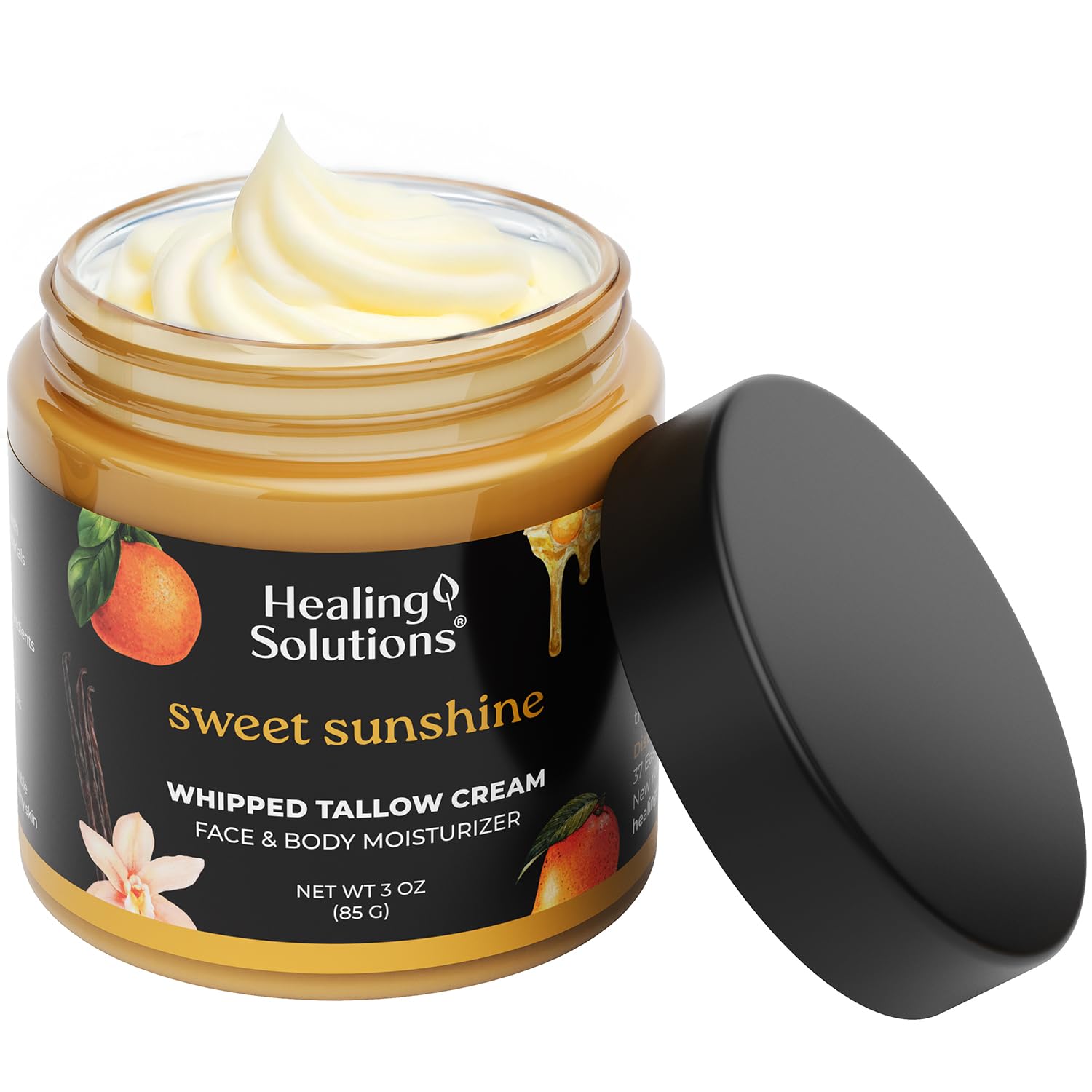 Healing Solutions - Whipped Tallow Balm, Mango, Orange, Vanilla Scent, Grass Fed/Grass Finished Beef Tallow, Organic Jojoba & Manuka Honey for Skin, Face & Body, All Natural Moisturizer, Made in USA