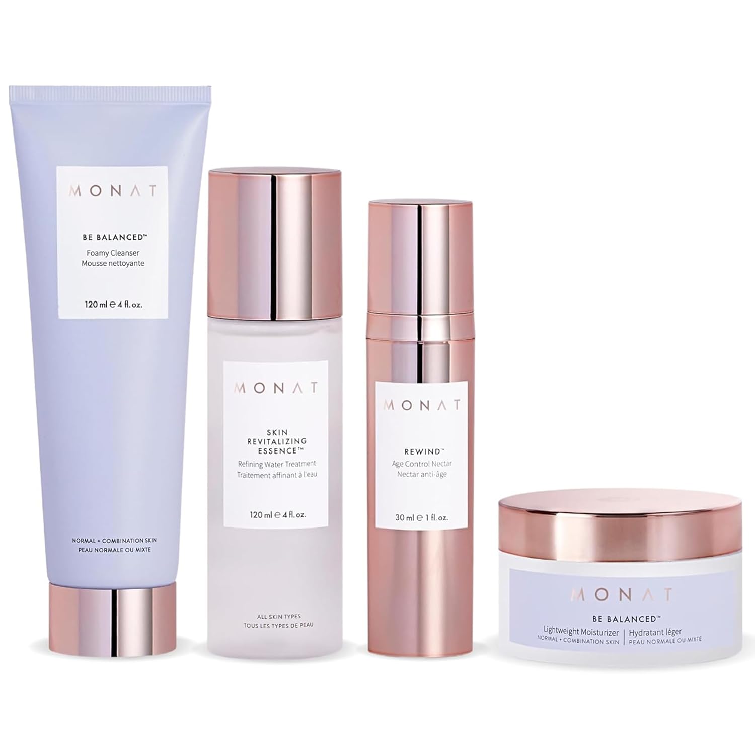 Monat BE BALANCED System for Normal & Combination Skin – Brighten & Renew, Includes Foamy Cleanser, Revitalizing Essence, Age Control Nectar, Lightweight Moisturizer