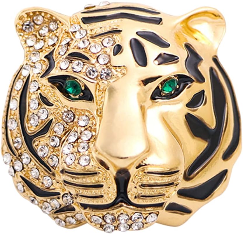 Tiger Head Brooch Pin Crystal Rhinestones Animal Badge Suit Breastpins Clips Collar Lapel Pin Clothes Dress Corsage for Men Women Golden